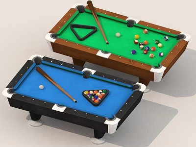 Colorful Pool Tables With Green Blue Felt Cues Balls And Triangle Racks 3d model