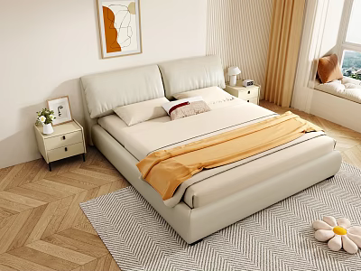 Double Bed with Light Beige Leather Headboard Pillows Orange Blanket Wooden Herringbone Floor Gray Rug 3d model
