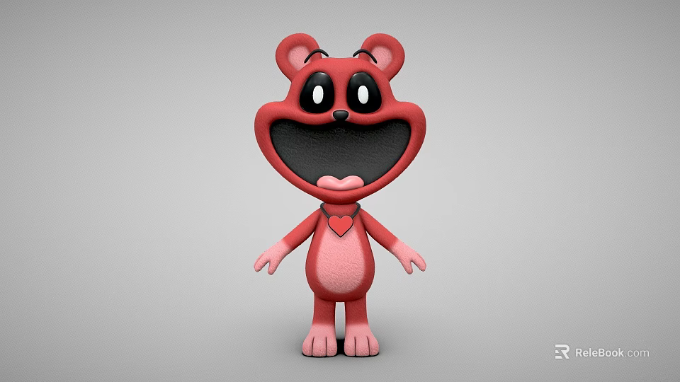 Cute Red Cartoon Bear 3D Model With Big Eyes Open Mouth And Heart Chest 3d model 