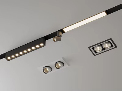 Modern Ceiling Lighting Design With Black Track Multiple Small Spotlights And Square Shaped Recessed Downlights 3d model