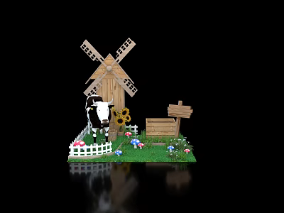 Miniature Farm Scene With Wooden Windmill Cow Sunflowers And Picket Fence 3d model