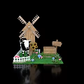 Miniature Farm Scene With Wooden Windmill Cow Sunflowers And Picket Fence
