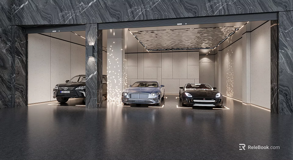 Modern Luxury Garage With Three Cars Sleek Walls And Polished Floor 3d model 