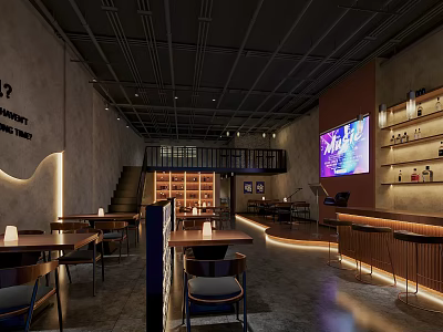 Industrial Style Bar Interior With Bar Counter Tables Chairs And Screen Lighting 3d model