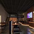 Industrial Style Bar Interior With Bar Counter Tables Chairs And Screen Lighting