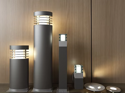 Stylish Modern Outdoor Lights With Column Square Round Metal Designs Illuminated 3d model