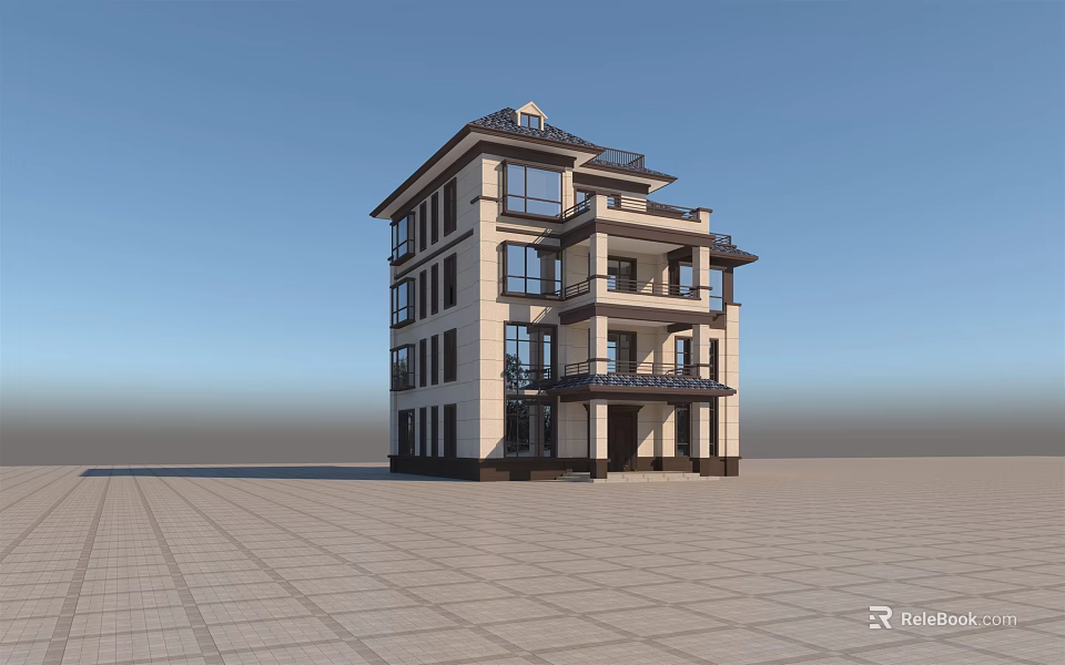 Modern Detached Villa With Three Floors Balconies And Large Windows 3d model 