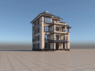 Modern Detached Villa With Three Floors Balconies And Large Windows 3d model