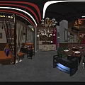 Modern Restaurant Interior With Red Light Strips Decorative Tree Round Mirror And Green Chairs
