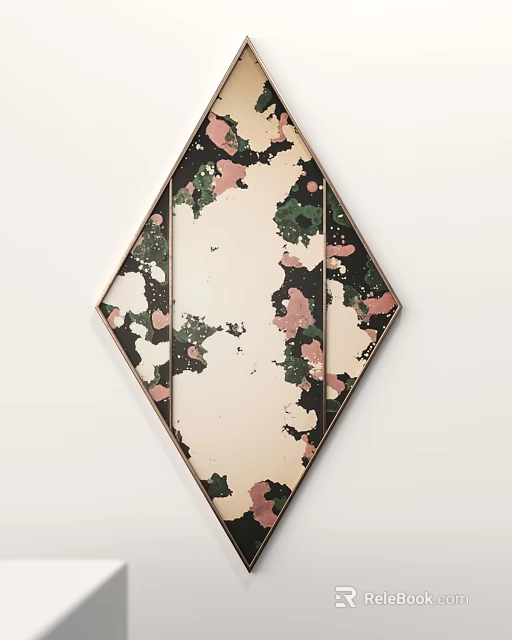 Diamond Shaped Decorative Mirror With Green And Pink Splatter Patterns And Gold Frame 3d model 