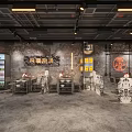 Modern Industrial Hotpot Restaurant Interior With Wooden Partition Neon Signs And Seating Area