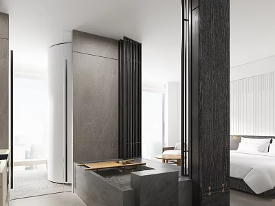 Elegant Modern Bathroom Interior Design With Marble Bathtub Stone Wall And Open Layout 3d model