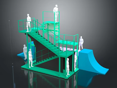 Green Staircase Structure with Human Figures and Blue Wave Elements 3d model