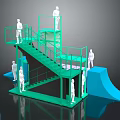 Green Staircase Structure with Human Figures and Blue Wave Elements 3d model