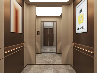 Hotel Corridor With Elevator Marble Floor And Decorative Paintings On Wooden Walls 3d model
