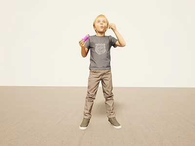 Young Man In Gray Tshirt And Khaki Pants Holding Purple Item 3d model