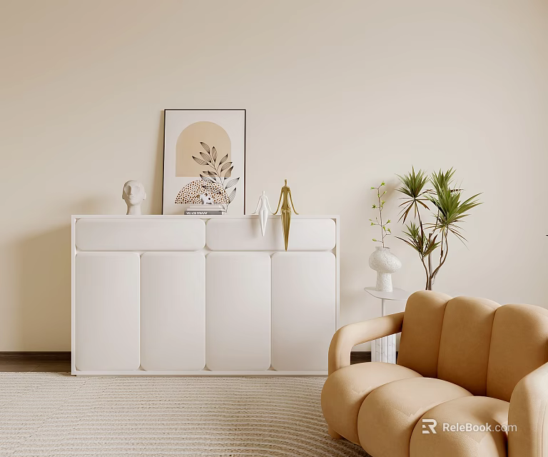 Elegant White Entryway Side Cabinet With Decorative Painting And Potted Plant Chair 3d model 