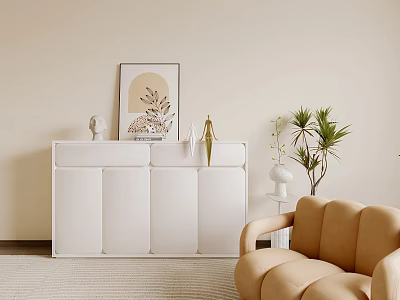 Elegant White Entryway Side Cabinet With Decorative Painting And Potted Plant Chair 3d model