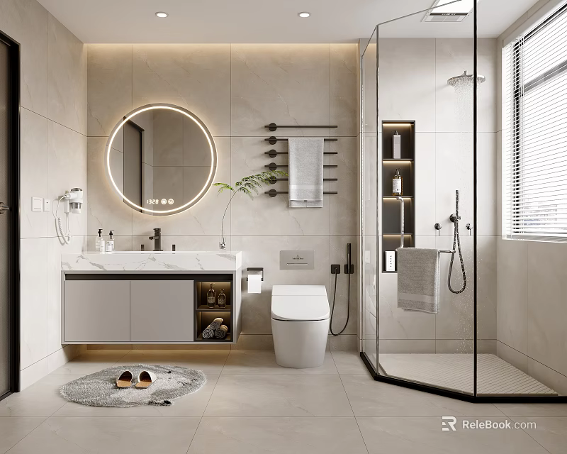 Modern Bathroom Interior With Round Mirror Sink Vanity Glass Shower And Tiled Walls 3d model 