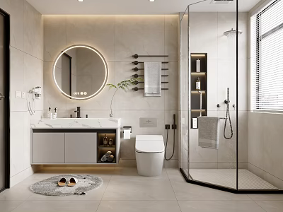 Modern Bathroom Interior With Round Mirror Sink Vanity Glass Shower And Tiled Walls 3d model