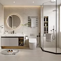 Modern Bathroom Interior With Round Mirror Sink Vanity Glass Shower And Tiled Walls