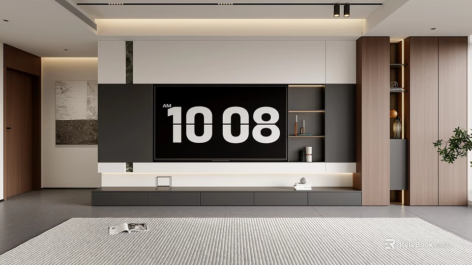 Modern TV Stand Design With Sleek Lines Wooden Panels And Storage Shelves 3d model 