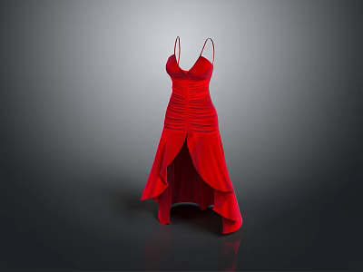 Red Spaghetti Strap Evening Dress With Ruched Bodice And Asymmetrical Hem 3d model