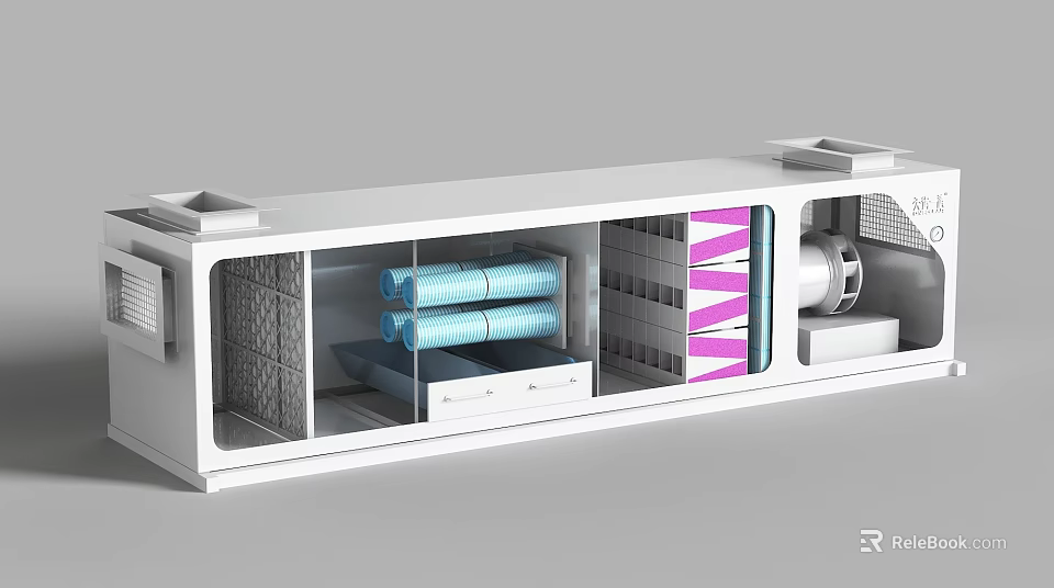 Medical Device Internal Structure With Blue Filter Rolls Pink Stripe Components And White Casing 3d model 