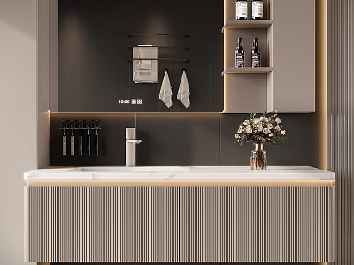 Modern Bathroom Vanity Design Featuring Gray Cabinets Wall Mounted Storage Towels And Flower Vase 3d model