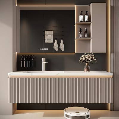 Modern Bathroom Vanity Design Featuring Gray Cabinets Wall Mounted Storage Towels And Flower Vase 3d model
