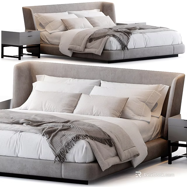 Modern Double Bed With Upholstered Headboard White Linens And Nightstand 3d model 
