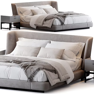 Modern Double Bed With Upholstered Headboard White Linens And Nightstand 3d model