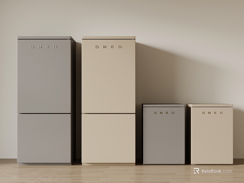Modern Refrigerators In Different Colors And Sizes Arranged Against Wall In Home 3d model 