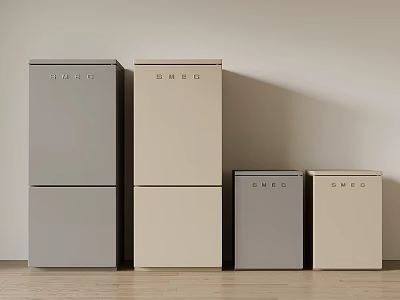 Modern Refrigerators In Different Colors And Sizes Arranged Against Wall In Home 3d model