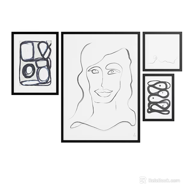 Set Of Multiple Black Framed Wall Art With Abstract Line Drawings And Portrait 3d model
