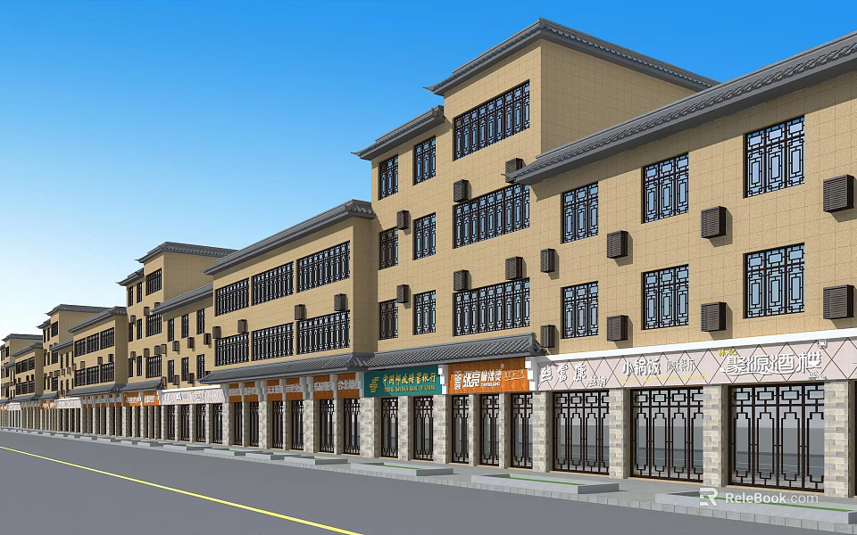 Modern Traditional Commercial Street With Multi Story Buildings Storefront Windows And Signboards 3d model 
