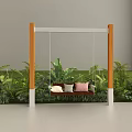 Outdoor Play Equipment Swing With Wooden Frame White Supports And Green Plants