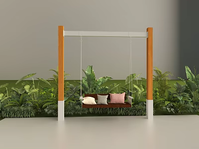 Outdoor Play Equipment Swing With Wooden Frame White Supports And Green Plants 3d model