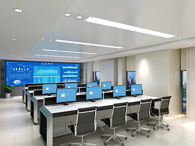 Modern Monitoring Room Interior with Multiple Computer Monitors Control Desks And Large Display Screen 3d model