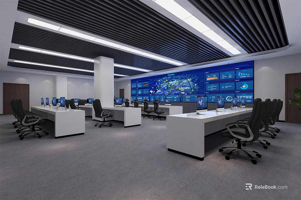Control Room Interior Featuring Multiple Monitoring Screens Operation Desks Ergonomic Chairs And Ceiling Lighting 3d model 