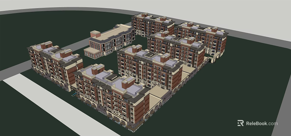 Modern Residential Row Houses With Multiple Floors Red Beige Facade And Flat Roofs 3d model 