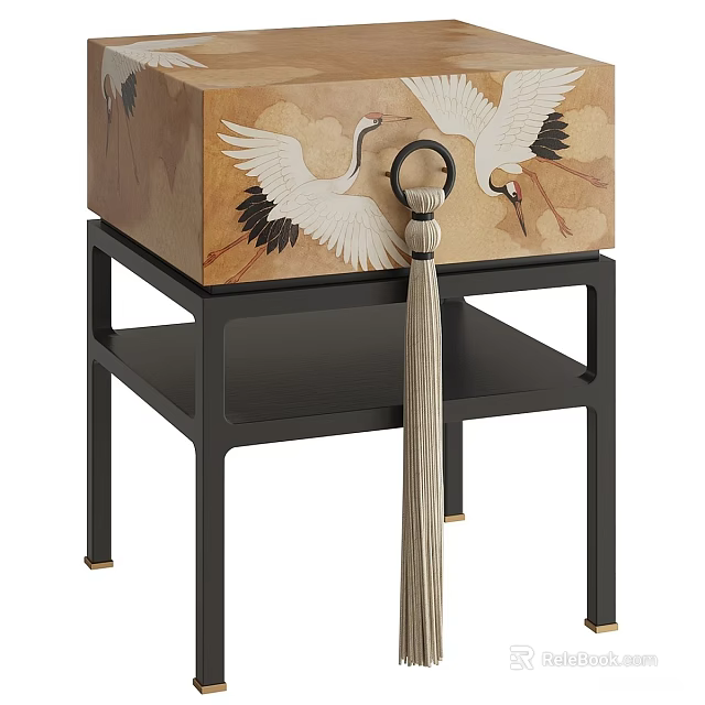 Wooden Bedside Table with Crane Pattern Drawer and Black Metal Frame Tassel Decoration 3d model 