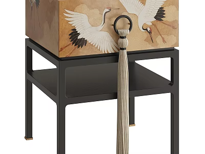 Wooden Bedside Table with Crane Pattern Drawer and Black Metal Frame Tassel Decoration 3d model