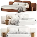 Modern Double Bed Design With Upholstered Headboard Beige Brown Soft Bedding And Round Side Table 3d model