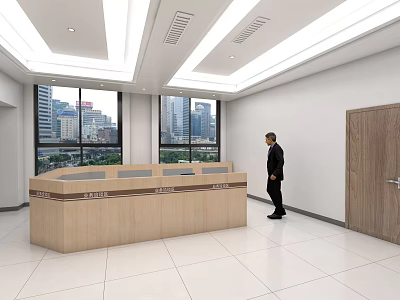 Modern Leisure Area With White Walls Reception Desk And City View Through Large Windows 3d model