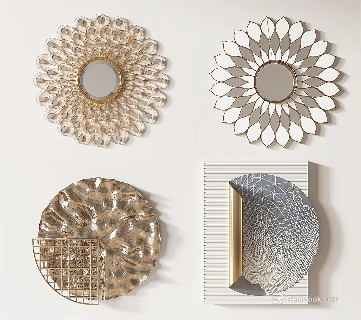Elegant Wall Decor Collection With Floral Mirrored And Geometric Gold Silver Grey Designs 3d model 