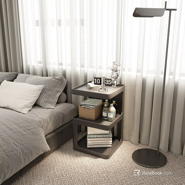 Modern Bedroom Multi Tiered Side Table Next to Bed with Clock Books and Basket 3d model 