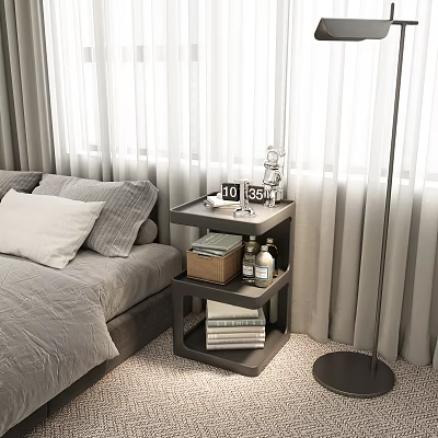 Modern Bedroom Multi Tiered Side Table Next to Bed with Clock Books and Basket 3d model