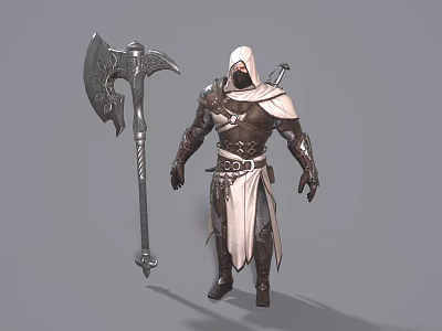 Warrior in Brown Armor with White Hood Holding Giant Detailed Battle Axe 3d model