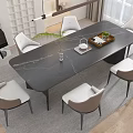 Modern Dining Table Set with Black Marble Top Light Gray Chairs Tray Plant Bright Light